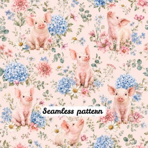 Può includere: Un motivo continuo con illustrazioni ad acquerello di maialini rosa intervallati da grappoli di ortensie blu, dalie rosa e margherite bianche su uno sfondo rosa chiaro. Il testo Seamless pattern è centrato nell'immagine.