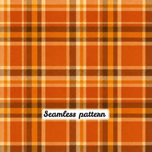 May include: A repeating plaid textile design featuring intersecting horizontal and vertical lines in shades of orange, brown, and cream. The pattern includes a white rectangular label with the black text Seamless pattern centred.