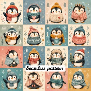 Whimsical Winter Penguins Patchwork Seamless Pattern | Cute Cozy Christmas Penguin Quilt Fabric | Nursery Digital Paper