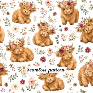 May include: A seamless pattern featuring brown Highland cattle calves wearing floral crowns, interspersed with various flowers, leaves, and pinecones on a white background. The text Seamless pattern is printed in black in the center.