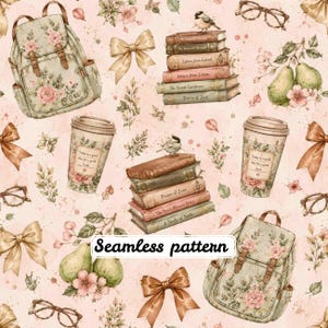 Pode incluir: Um padrão contínuo com ilustrações de mochilas florais, pilhas de livros com títulos como Poems of June, copos de café com o texto Today is a good day for a good book, peras, laços e óculos num fundo cor-de-rosa claro.