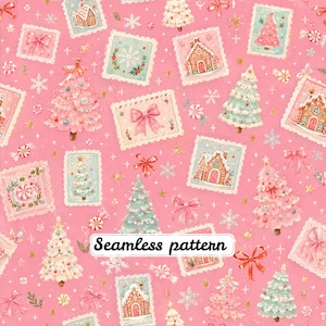 Könnte beinhalten: Ein nahtloses Muster mit rosa Hintergrund, verziert mit Illustrationen von Weihnachtsbäumen, Lebkuchenhäusern, Schleifen, Schneeflocken und Pfefferminzbonbons. Das Design enthält rechteckige Briefmarkenrahmen um die Motive.