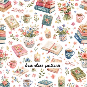 May include: A seamless pattern featuring watercolour illustrations of stacked books, floral bouquets in vases, steaming mugs of coffee, lit candles, and spectacles on a white background. The repeating design includes various colourful flowers.