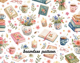 Patrón sin costuras estilo Cottagecore para amantes de los libros en formato JPG | Libros vintage, flores, tazas de té y rincón de lectura