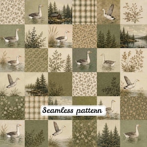 May include: A fabric print featuring a grid of squares with illustrations of geese in water, flying geese, pine forests, plaid patterns, and small floral motifs. The text "Seamless pattern" is printed in black across the lower centre section.