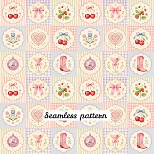Coquette Patchwork Seamless Pattern JPG, Pastel Cherry Bow Digital Paper, Pink Gingham Cottagecore Fabric Print, Cute Retro Quilt