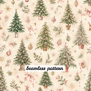 Elegant Vintage Christmas Tree Seamless Pattern | Watercolor Holiday Trees, Pink Bows & Shabby Chic Ornaments | Cottagecore Christmas Repeat