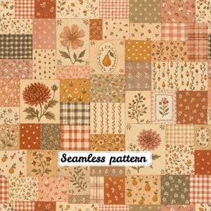 Könnte beinhalten: Ein nahtloses Muster mit einem Patchwork-Design aus rechteckigen Blöcken in warmen Erdtönen. Die Blöcke zeigen verschiedene Illustrationen, darunter Blumen, Birnen, Herzen sowie Karomuster. Der Text Seamless pattern ist zentriert.
