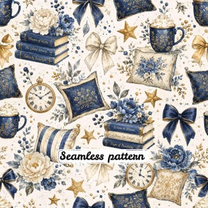 Può includere: Un motivo continuo con un design ripetitivo di libri blu e oro, composizioni floreali, cuscini decorativi, fiocchi, stelle e orologi. L'illustrazione include tazze con panna montata e il testo Seamless pattern.