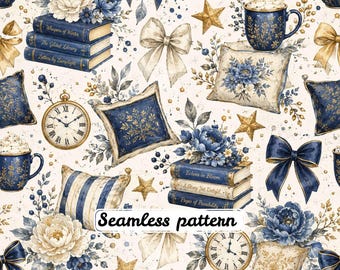 Diseño sin costuras azul y dorado para una lectura acogedora | Libros vintage, cojines florales, café, lazos, relojes | Elegante diseño de tela estilo cottagecore con acuarela