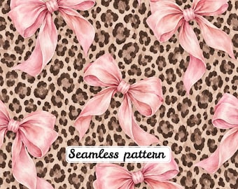 Patrón sin costuras de leopardo con lazo rosa, estampado animal coqueto en acuarela, papel digital JPG de tela estilo preppy femenino