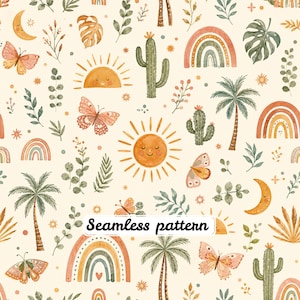 Boho Sunshine Rainbow Seamless Pattern JPG, Watercolor Desert Nursery Digital Paper, Cute Sun Cactus Palm Fabric Print, Instant Download