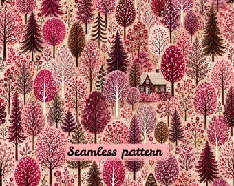 Patrón sin costuras de bosque rosa en formato JPG, tela con árboles folclóricos caprichosos, estampado de naturaleza escandinava para habitación infantil.
