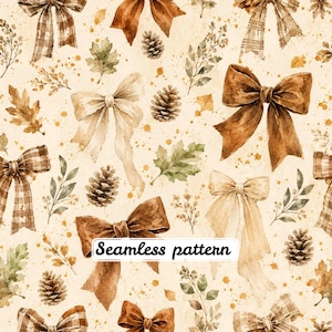 Motif sans couture de nœuds Coquette d'automne, aquarelle, à carreaux, feuilles d'automne, style cottagecore neutre, papier numérique et tissu JPG