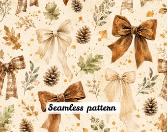 Lazos coquetos de otoño, patrón sin costuras, lazos a cuadros en acuarela, hojas de otoño, estilo cottagecore neutro, papel digital y tela para casas de jardín JPG