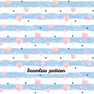 May include: A seamless pattern featuring horizontal light blue watercolor brush strokes on a white background. The design is decorated with small pink watercolor hearts and scattered dark blue and white polka dots. The text Seamless pattern is visible.