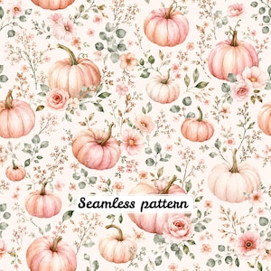 Puede incluir: Un patrón continuo con ilustraciones en acuarela de calabazas rosa claro, flores rosa suave y follaje verde sobre un fondo crema. El texto Seamless pattern está impreso en negro en el centro de la imagen.