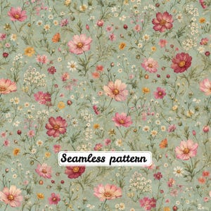 May include: A seamless pattern featuring a light sage green background with a dense arrangement of wildflowers in shades of pink, magenta, white, and yellow. The text "Seamless pattern" is printed in black on a white rectangular label.