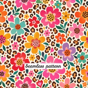 Peut inclure: Un motif sans couture présentant un design floral vibrant avec des fleurs roses, orange, jaunes et bleu sarcelle entremêlées de feuilles vert foncé et de petits cœurs sur un fond crème avec un imprimé léopard marron. Le texte Seamless pattern est visible.