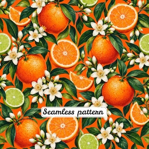 May include: A seamless pattern featuring whole and sliced oranges, lime slices, and white citrus blossoms with green leaves on a vibrant orange background. The text Seamless pattern is printed in black on a white rectangular label in the centre.