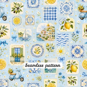 Pode incluir: Um padrão contínuo com ilustrações em aguarela de motivos mediterrânicos sobre um fundo azul claro. Os elementos incluem azulejos azuis e brancos, limões, ramos de oliveira, uma vila costeira, um veleiro, uma varanda e scooters azul-claras.