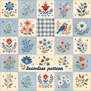 Könnte beinhalten: Ein nahtloses Gittermuster mit abwechselnden hellblauen und cremefarbenen Quadraten. Die Quadrate zeigen Illustrationen verschiedener Blumen, grüner Blätter, eines blauen Vogels, Erdbeeren und eines blauen Karomusters. Der Text Seamless pattern ist sichtbar.