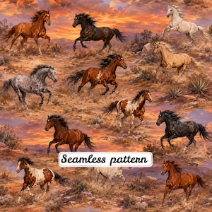 May include: A seamless pattern featuring multiple horses in various colors, including brown, black, white, and grey, galloping across a desert landscape. The background displays a vibrant sunset sky with orange and purple hues over rocky terrain.