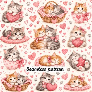 Valentine Kittens Seamless Pattern | Cute Watercolor Cats with Hearts | Nursery Fabric | Romantic Digital Paper