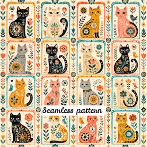 Pode incluir: Um padrão contínuo com uma grade de molduras retangulares, cada uma contendo um gato decorado com intrincados motivos florais e geométricos. Os gatos são representados em preto, creme, laranja, rosa e cinza, acompanhados por pequenos pássaros e flores estilizadas. O texto Seamless pattern está centralizado.