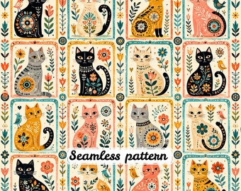 Patrón sin costuras JPG de retrato de gato de arte popular, paneles de gatitos escandinavos vintage, estampado de tela cottagecore