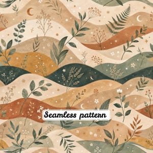 Pode incluir: Um padrão sem costuras com camadas onduladas em tons de bege, terracota e verde escuro. O design inclui várias ilustrações botânicas de fetos, flores silvestres e folhas, intercaladas com pequenas estrelas brancas e luas crescentes.
