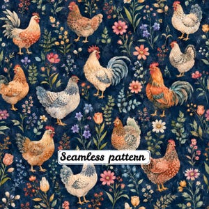 Könnte beinhalten: Ein nahtloses Muster mit verschiedenen Hühnern und Hähnen, durchsetzt mit bunten Wildblumen auf dunkelblauem Hintergrund. Das Design enthält den Text Seamless pattern in einem weißen rechteckigen Kasten in der Bildmitte.