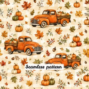 Op de afbeelding: Een naadloos patroon met oranje vintage pick-uptrucks die pompoenen vervoeren, afgewisseld met herfstbladeren, eikels en bessen op een lichtbeige geruite achtergrond. De tekst Seamless pattern staat in het midden van de afbeelding.