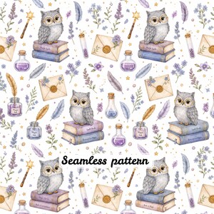 Enchanted Owl Library Seamless Pattern, Watercolor Magical Owls Digital Paper, Spell Books Potion Bottles & Floral Fantasy Fabric Print JPG