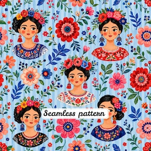 Pode incluir: Um padrão contínuo com ilustrações de mulheres de cabelos escuros adornados com coroas de flores, vestindo tops bordados, intercaladas com várias flores e folhagens coloridas sobre um fundo azul claro com listras verticais.