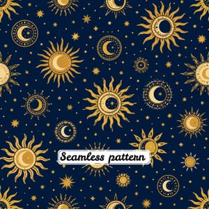 Pode incluir: Um padrão sem costuras com motivos celestiais dourados, incluindo sóis, luas crescentes e estrelas num fundo azul-marinho escuro. O design inclui ilustrações repetidas de sóis radiantes e luas detalhadas com o texto Seamless pattern.