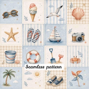 May include: A seamless pattern featuring watercolour illustrations of summer beach items including sunglasses, ice cream, a seagull, a seashell, a starfish, flip-flops, a sailboat, a camera, a bucket, a lifebuoy, a shovel, a crab, a palm tree, a sun, espadrilles, and a pinwheel.