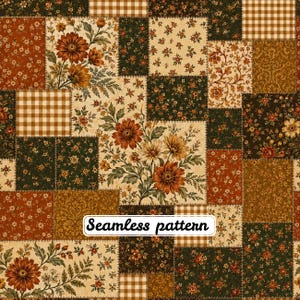 May include: A seamless pattern featuring a patchwork design of various squares. The squares display floral motifs in shades of orange, brown, and dark green, alongside brown and white gingham checks. The text Seamless pattern is centered.