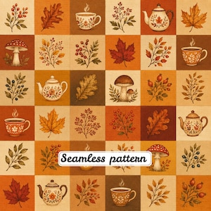 Peut inclure: Un motif répétitif composé d'une grille d'illustrations sur le thème de l'automne, incluant des théières, des tasses fumantes, des champignons, des feuilles de chêne, d'érable et des baies dans des tons orange, brun et crème.