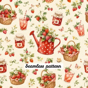 Pode incluir: Um padrão contínuo com ilustrações de cestas de vime cheias de morangos vermelhos, regadores vermelhos com bolinhas brancas contendo flores, potes de geleia de morango e copos de limonada de morango com borboletas.