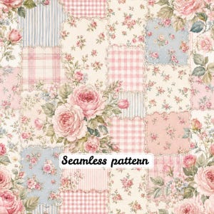 Pode incluir: Um padrão sem costuras com um design de patchwork de vários quadrados com estampados florais rosa e azul, xadrez vichy e riscas verticais. Grandes e detalhados ramos de rosas cor-de-rosa estão sobrepostos com o texto Seamless pattern.