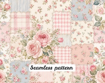 Sömlöst mönster med vintage- och cottage rose-mönster JPG, shabby chic blommigt quilttyg, rosa blå rosor