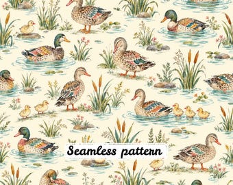 Patrón sin costuras de estanque de patos vintage, patos ánade real, patitos, espadañas en acuarela, papel digital con estampado cottagecore JPG