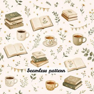 May include: A seamless pattern featuring watercolor illustrations of stacked books, open books with floral illustrations, various ceramic mugs filled with tea, small daisy flowers, leafy green sprigs, and triangular bunting flags on a light cream background.