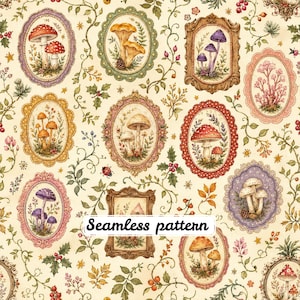 May include: A seamless pattern featuring various mushrooms illustrated within ornate, colourful frames. The background is a cream colour decorated with delicate vines, leaves, berries, and small ladybugs. The text Seamless pattern is visible.