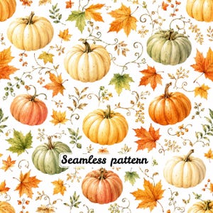 May include: A seamless pattern featuring watercolor illustrations of pumpkins in shades of orange, white, and muted green, interspersed with vibrant autumn maple leaves, delicate swirling vines, and small berry sprigs on a white background.
