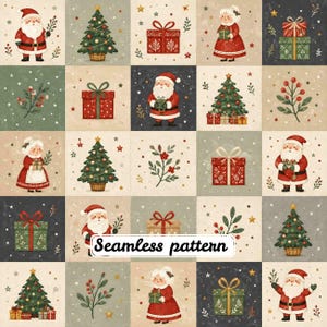 Pode incluir: Um padrão sem costura apresentando uma grade de ilustrações de Natal, incluindo o Papai Noel, a Mamãe Noel, árvores de Natal decoradas, caixas de presente embrulhadas e ramos de azevinho em fundos creme, verde e cinza escuro com o texto Seamless pattern.