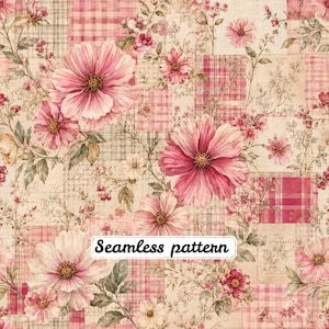 May include: A seamless pattern featuring large pink cosmos flowers and smaller floral sprigs layered over a background of beige and pink plaid squares and faint cursive script text. The design includes the text Seamless pattern.