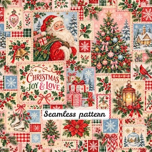 Vintage Christmas Santa Collage Seamless Pattern, Pink Red & Green Holiday Patchwork, Christmas Tree, Holly  Bows Digital Paper JPG