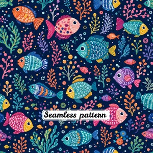 May include: A seamless pattern featuring a variety of colourful fish and aquatic plants on a dark blue background. The design includes fish in shades of orange, pink, blue, and purple with decorative patterns, alongside the text Seamless pattern.